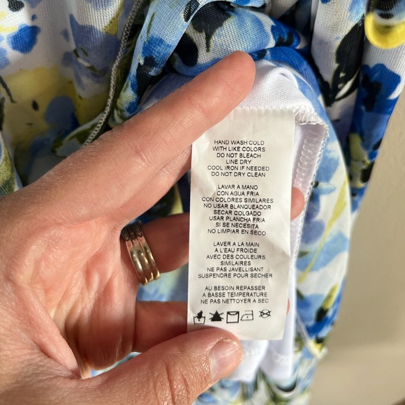 Marina FLORAL‎ LONG SLEEVE FAUX WRAP DRESS Blue Green Chiffon Size 14 Midi NWT - Picture 12 of 14